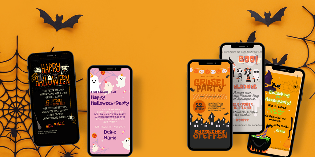 Einladungskarte Halloween Halloweenparty in orange, schwarz, grau oder auch pink. Einladungen als Vorlage für whatsapp und als eCard.