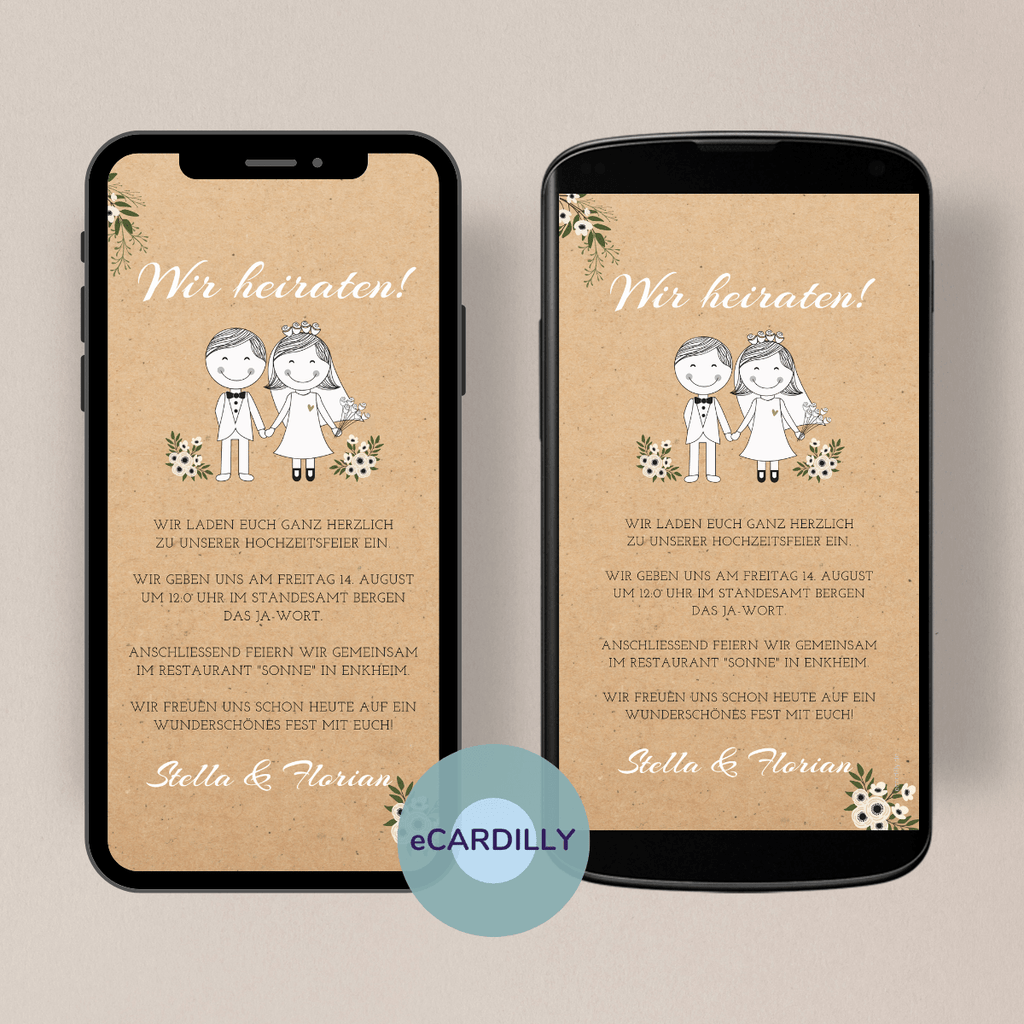 papierlose Einladung zur Hochzeit - moderne Einladungskarte - Hintergrund Kraftpapier - süßes Brautpaar in Schwer und Weiß - Blumen - digital