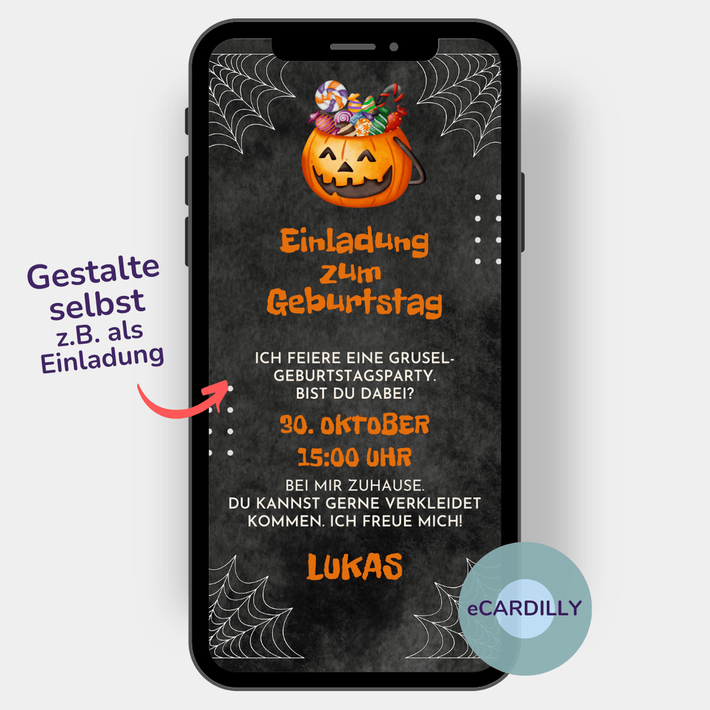 Einladungskarte zum Kindergeburtstag als eCard mit Kürbis in orange. Lade mit einer digitalen Vorlage mit whatsapp zum Gruselgeburtstag ein.